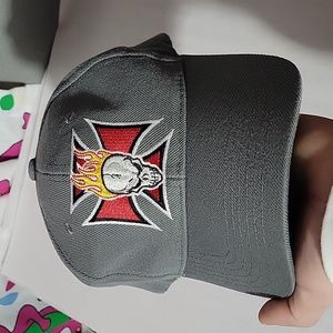 Gray Baseball Cap Embroidered Skull and Flames on an Iron Cross